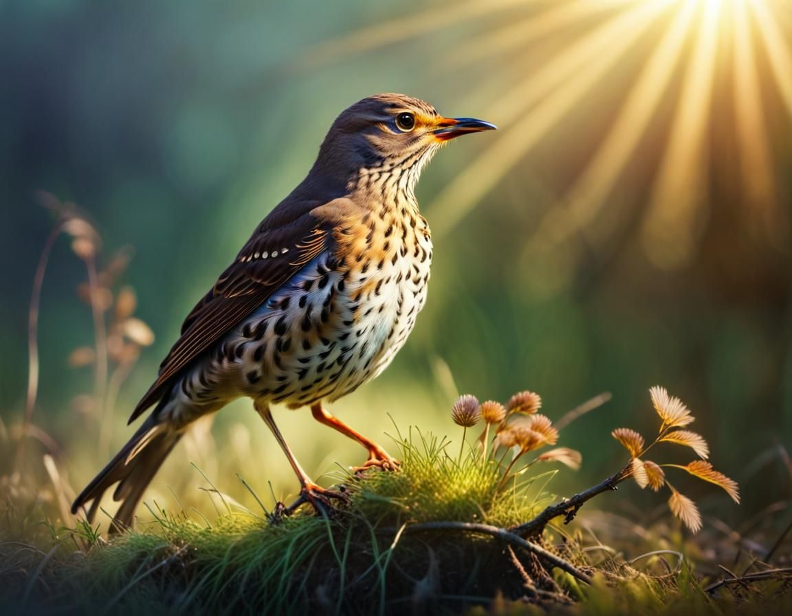 Song Thrush in Sunlight: Ethereal Fantasy Art