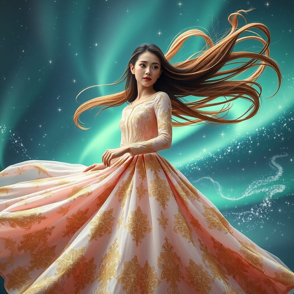 Asian Woman in Victorian Gown with Gold Embroidery