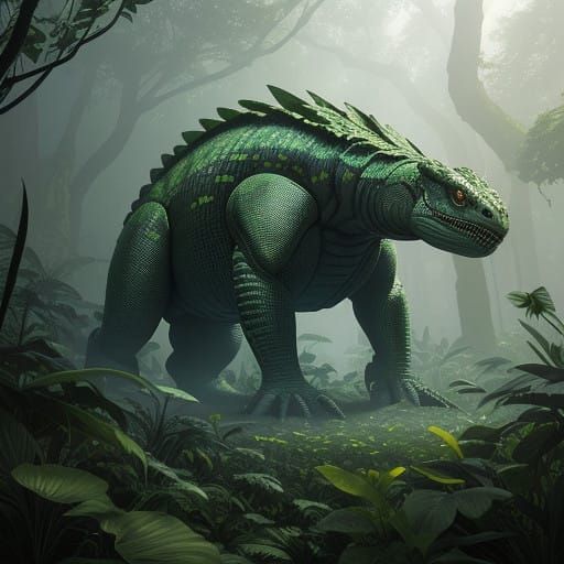Surreal Reptilian Apex in Lush Ecosystem, in Detailed Matte...