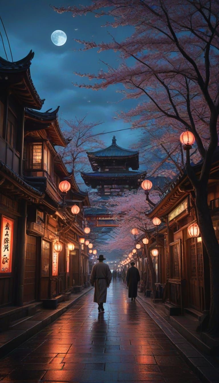Steampunk Japan Street Scene at Twilight