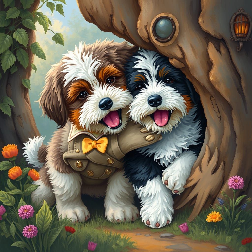 Joyful Bernedoodle Puppy Plays Hide and Seek with Boy, in Wh...