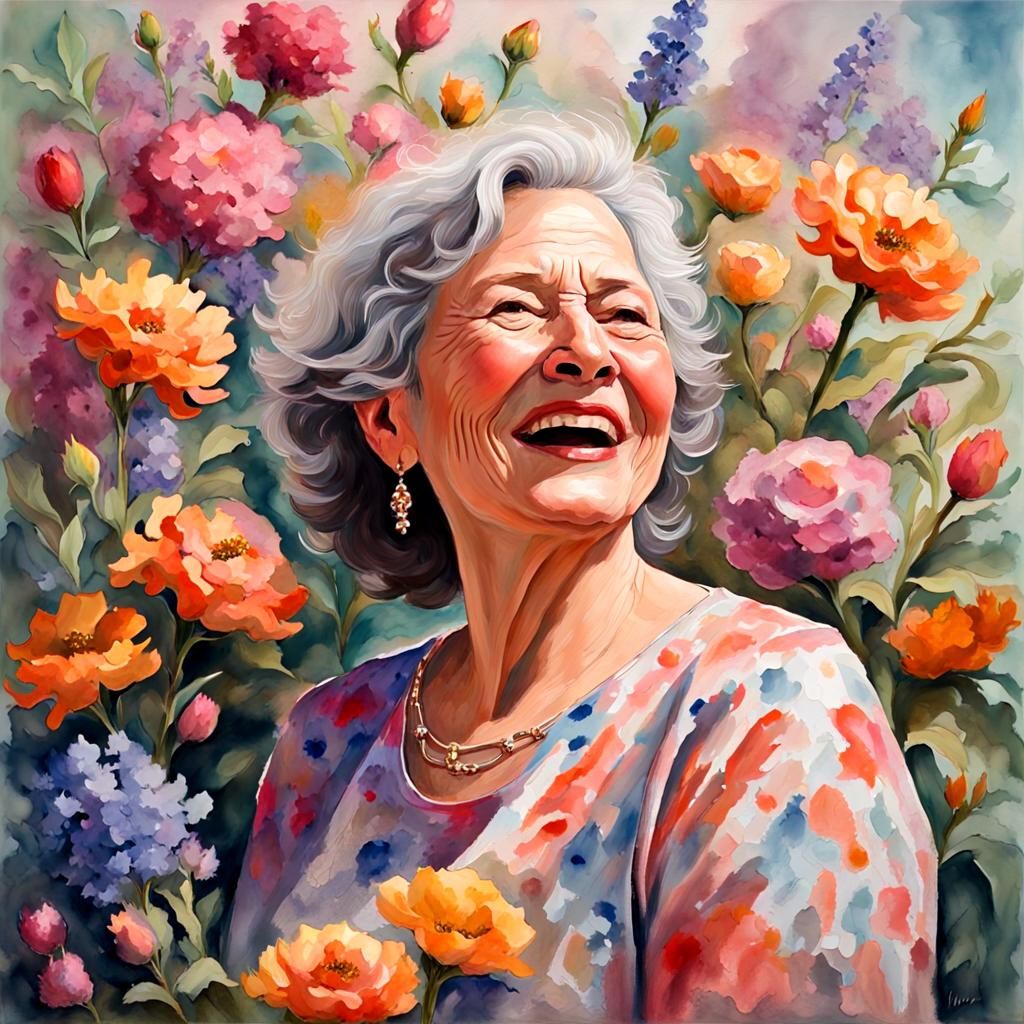 Joyous Woman Portrait in Gouache Watercolor Style