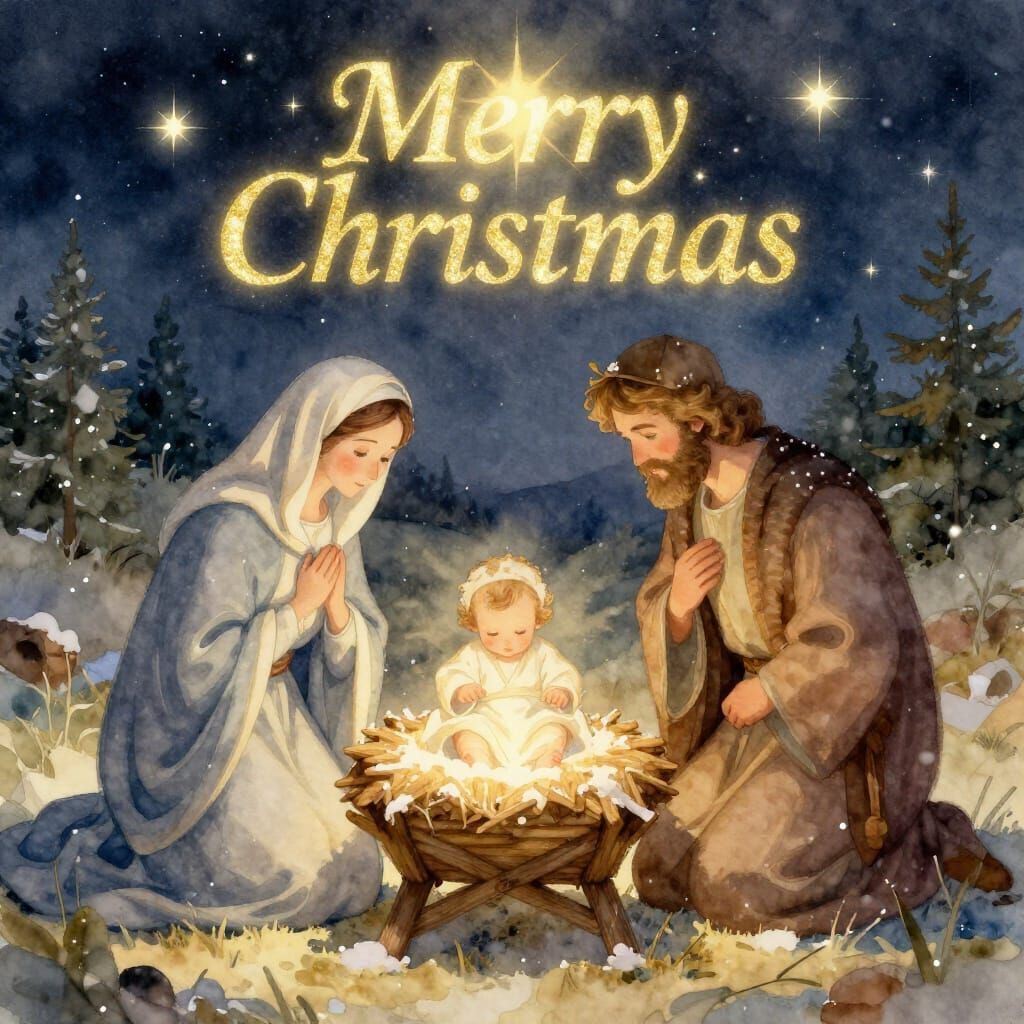 Nativity Scene with 'Merry Christmas' in Watercolor Style