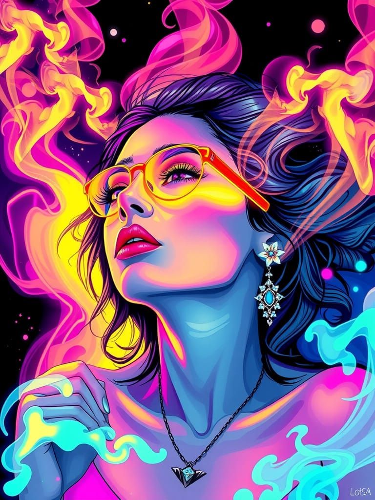 Psychedelic Woman in Neon Cel-Shaded Illustration