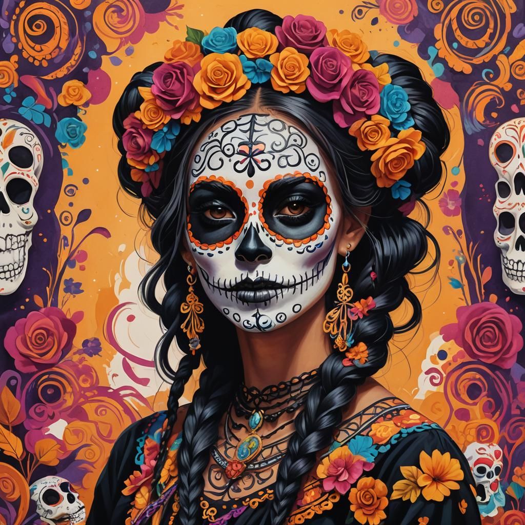 Vibrant Catrina Illustration in Gouache Swirls