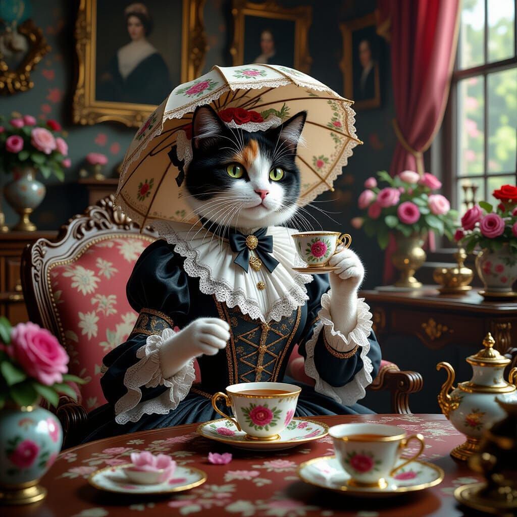 Calico Cat Sipping Tea in Victorian Parlor