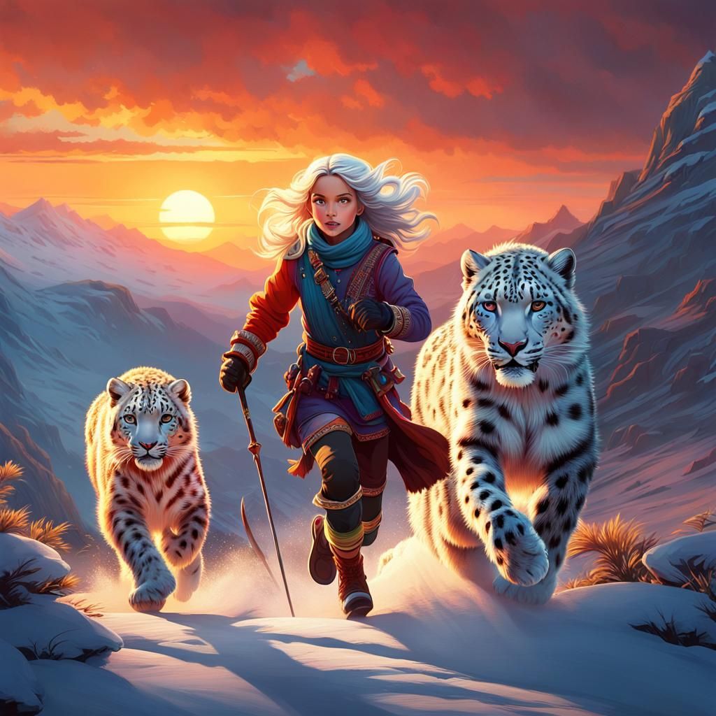 Girl and Snow Leopards Running at Sunset