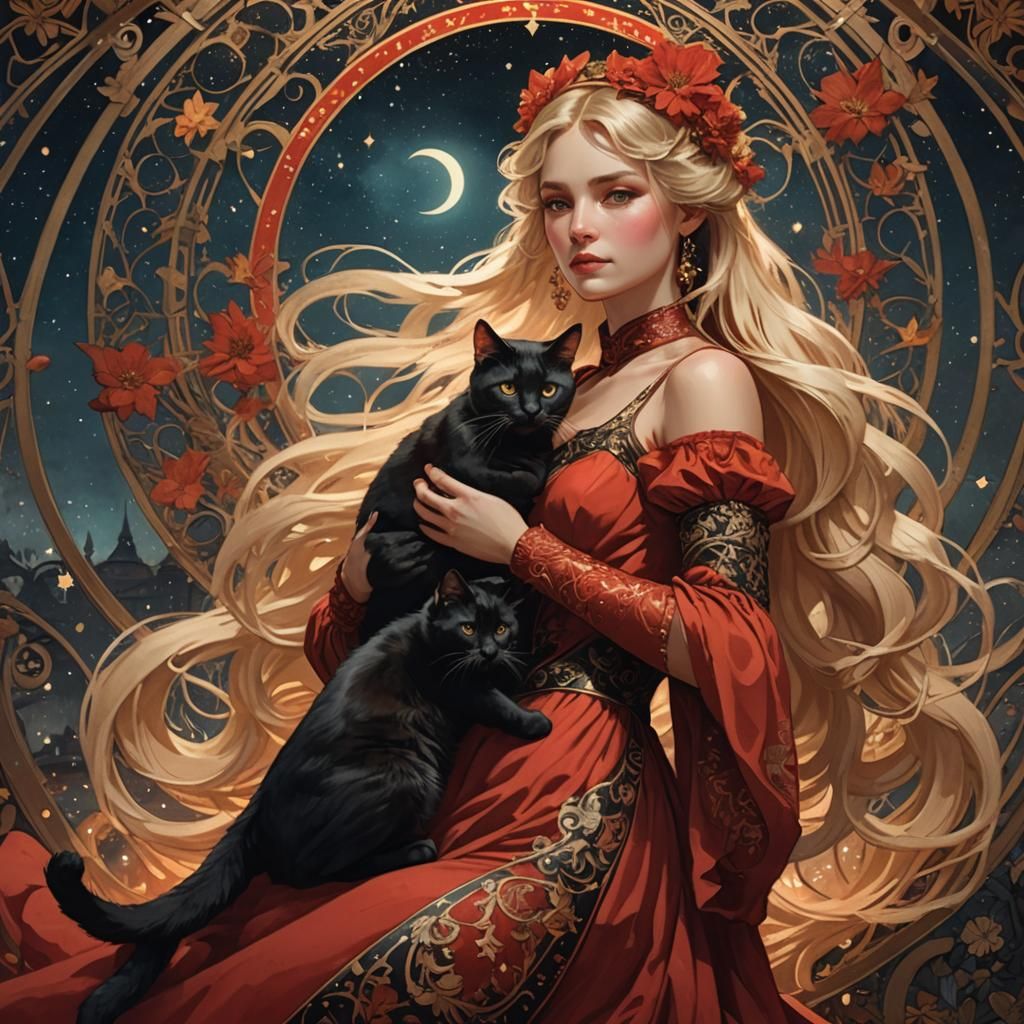 Lady with Black Cat in Mucha Style