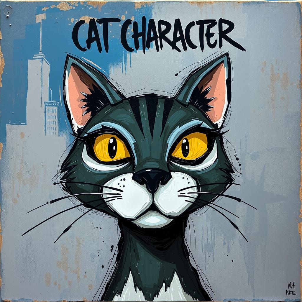 Stylized Feline Character in Impasto Graffiti Style