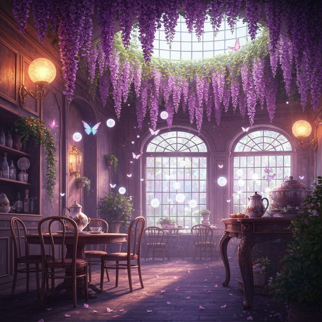 Enchanted Wisteria Cafe with Floating Orbs