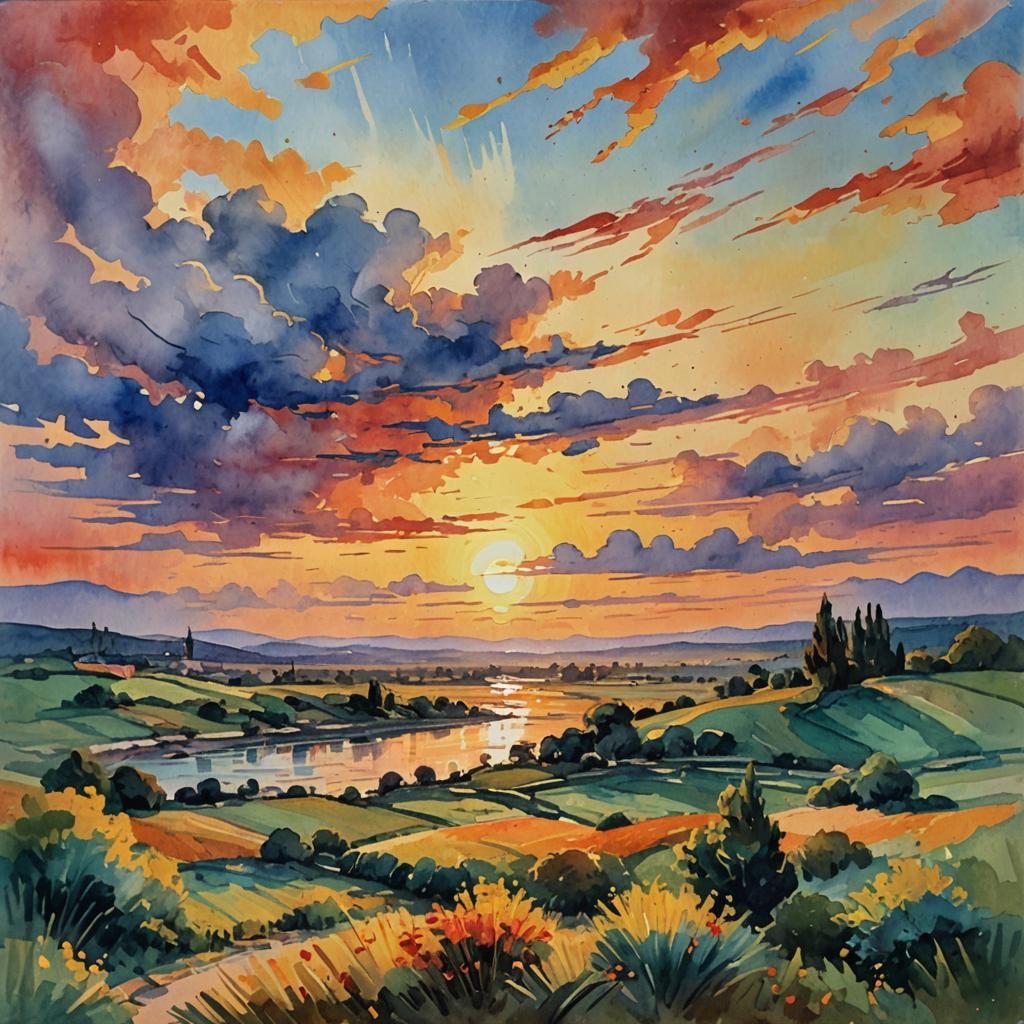 Impressionist Sunset in Gouache and Watercolor