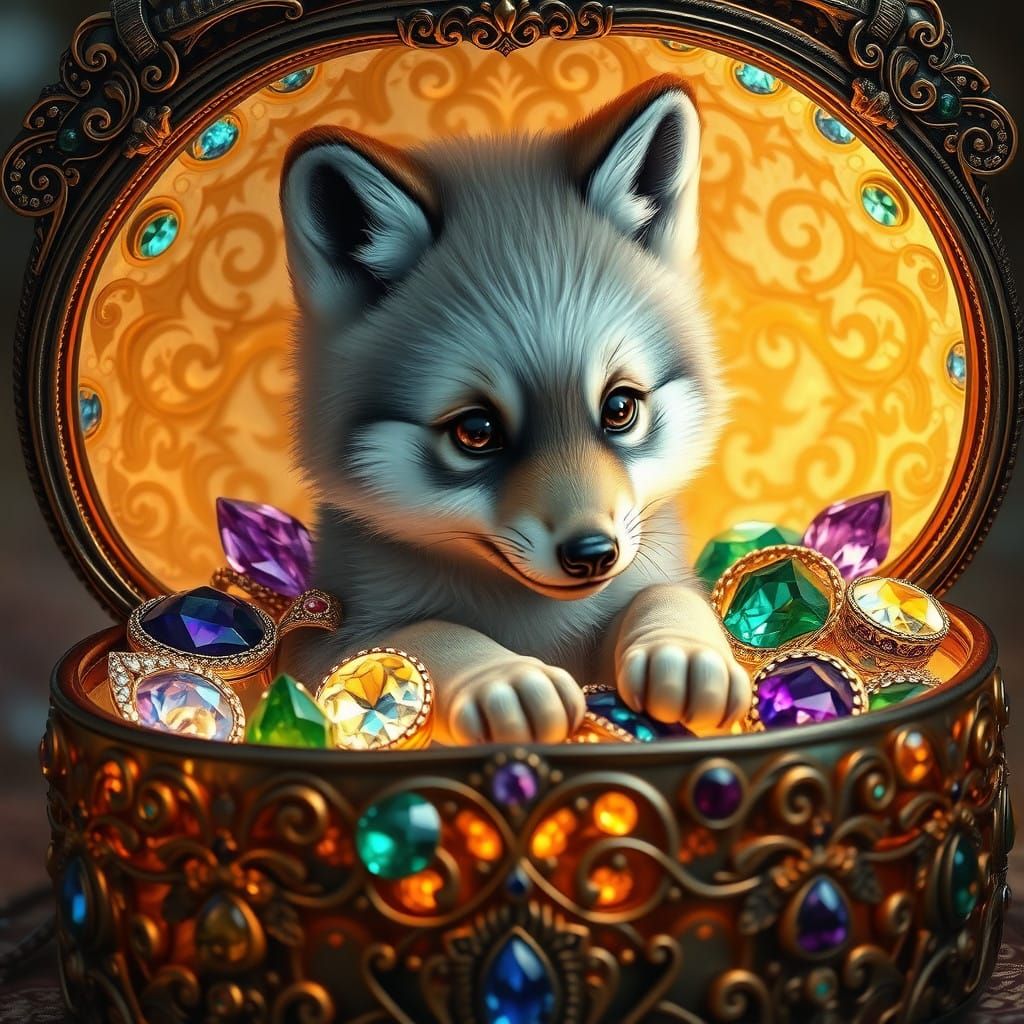 Surreal Wolf in Jeweled Jewelry Box with Glowing Glass Accen...