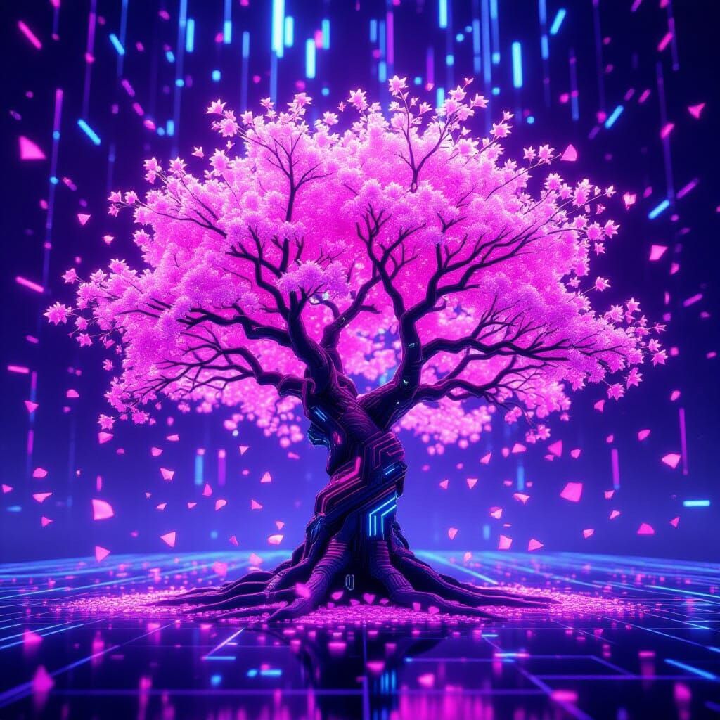 Cybernetic Cherry Blossom Tree in Neon Grid Universe