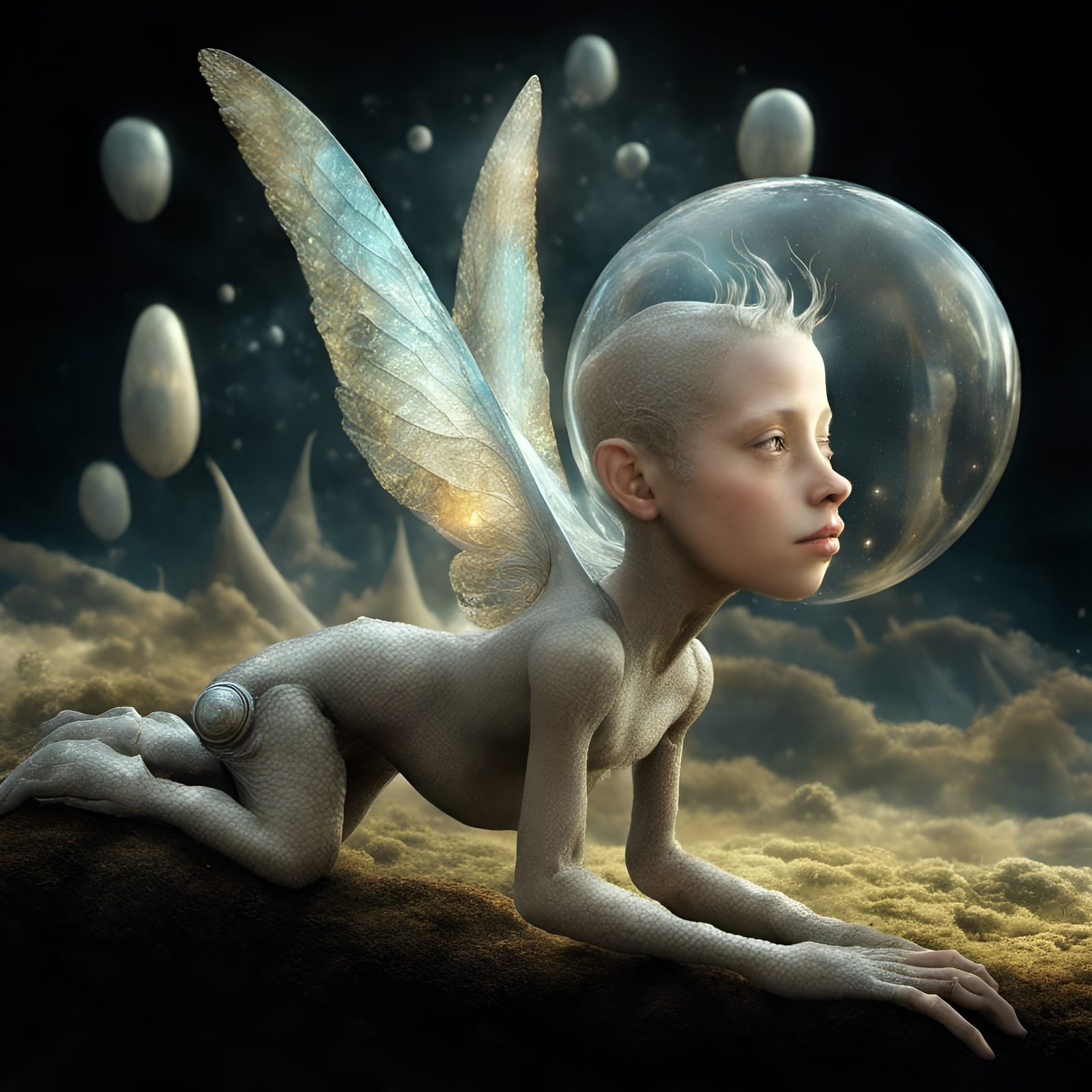 Smiling Alien People and Pets in Surreal Landscape