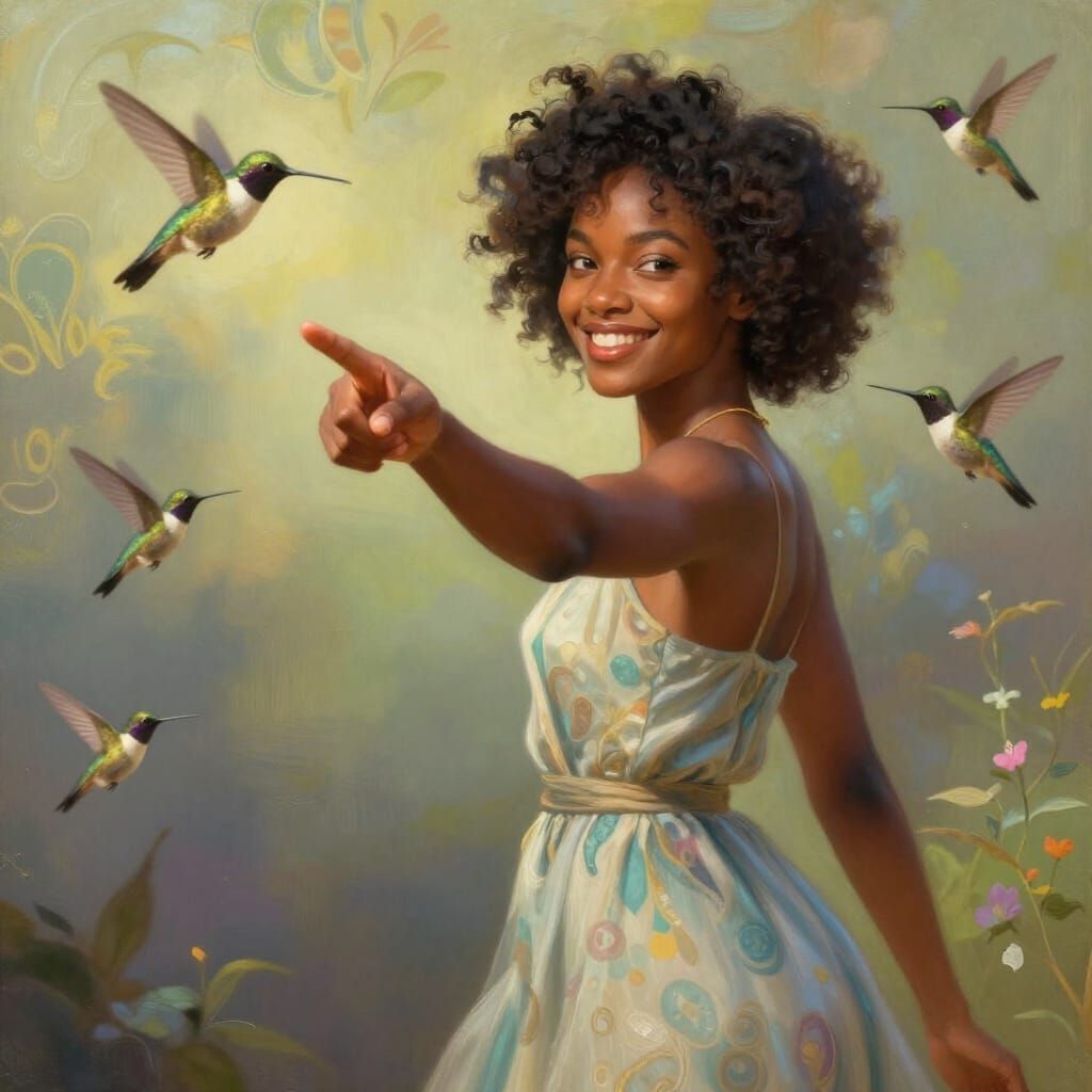 Young Black Woman Points at Viewer with Enchanting Hummingbi...