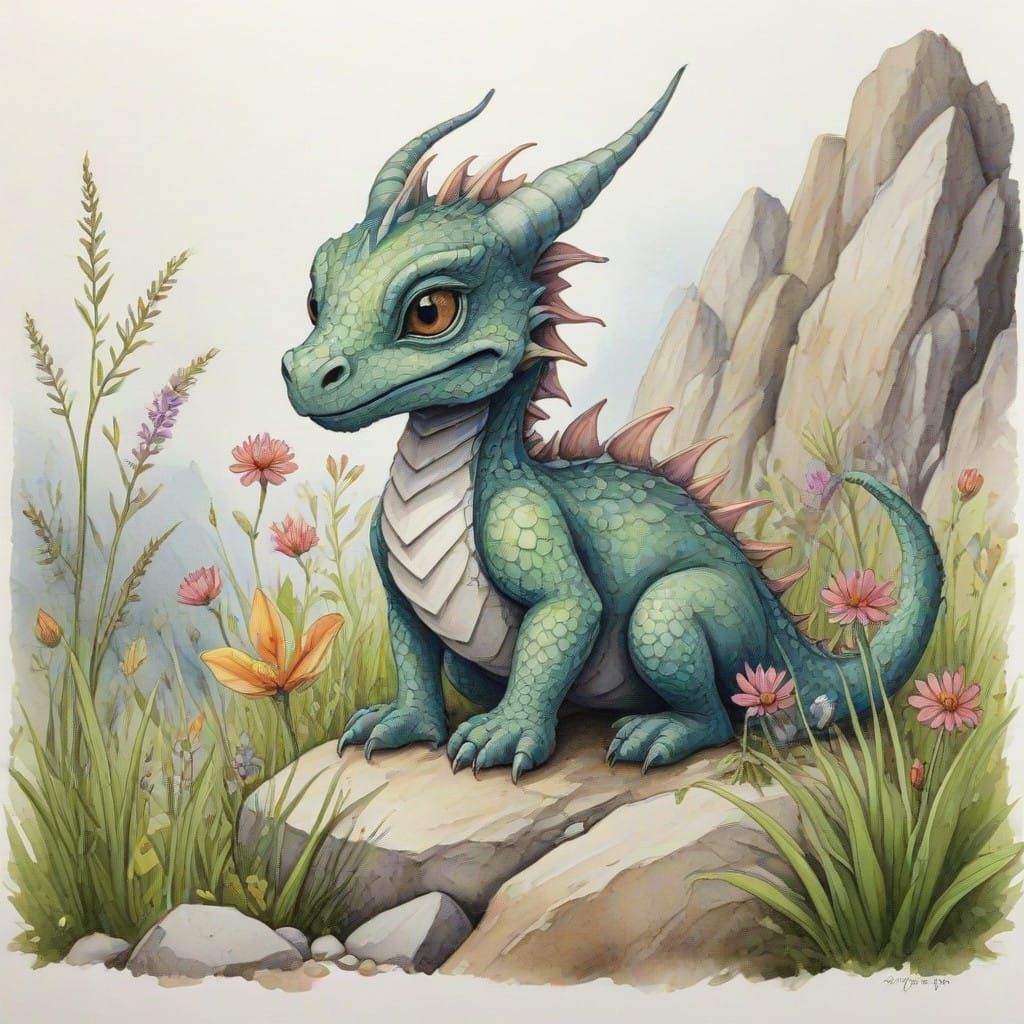 Tiny Watercolor Dragon Amidst Rock and Floral Landscape