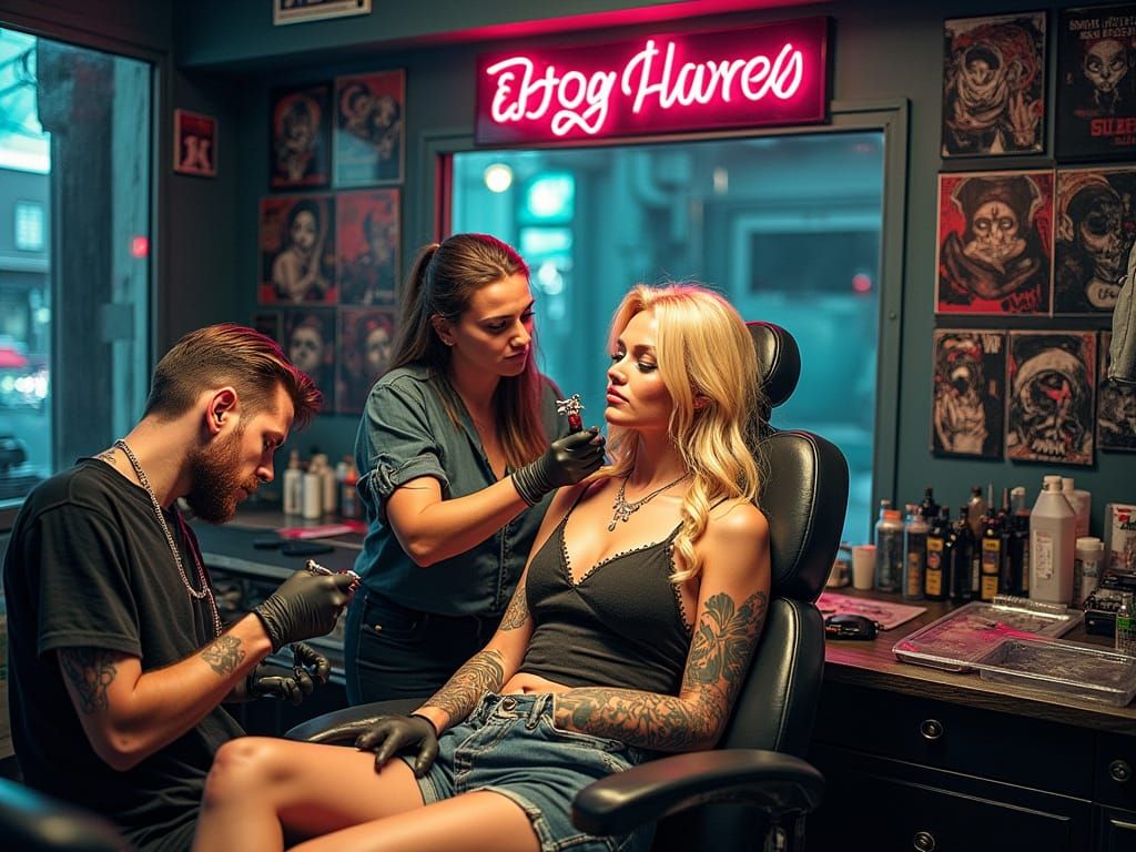 Urban Tattoo Studio with Neon Lights and Tattoo Art Posters