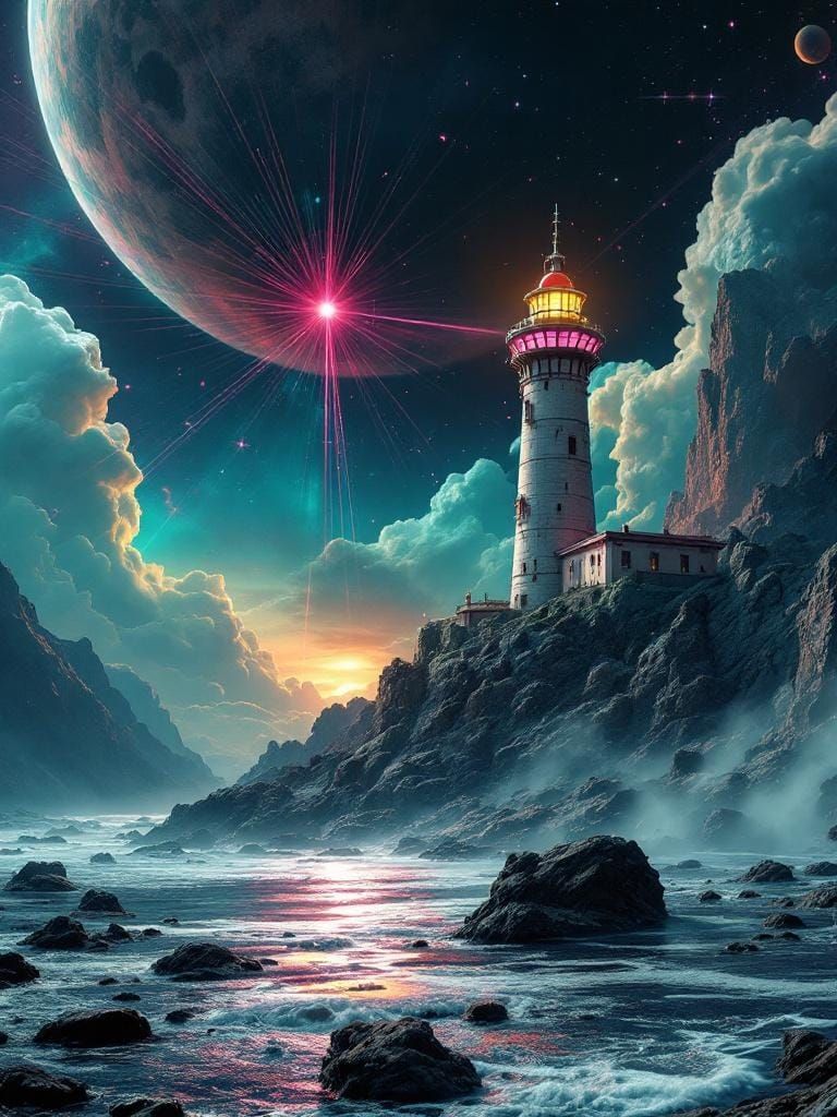 Space Age Lighthouse on Alien Shoreline in Retro-Futurism