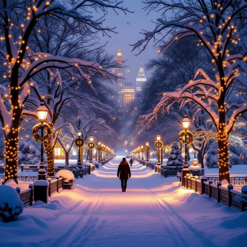 Cozy Snowy Park with Holiday Lights