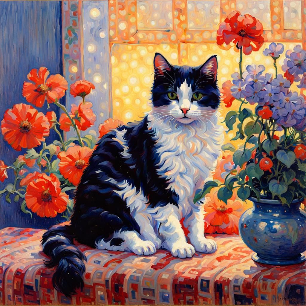 Cat on Pillow in Pointillist Style with Heart Lights