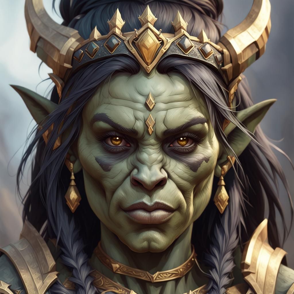 Female Orc with Crown: Hyperdetailed Fantasy Portrait