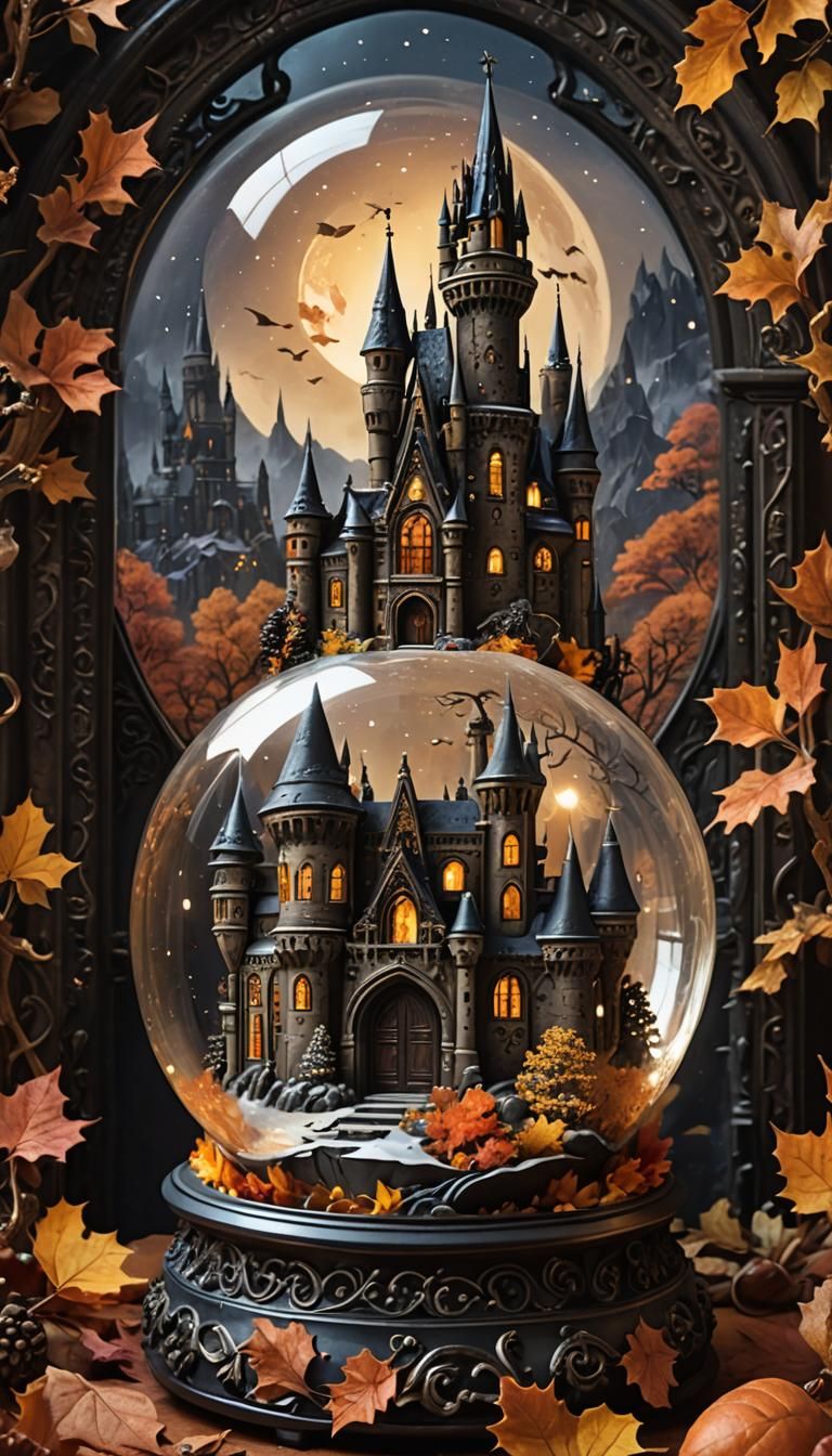 Gothic Castle Snow Globe in Dark Fantasy Art