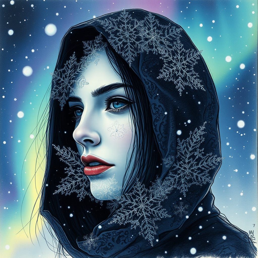 Enigmatic Woman's Face in Surrealist Snowstorm