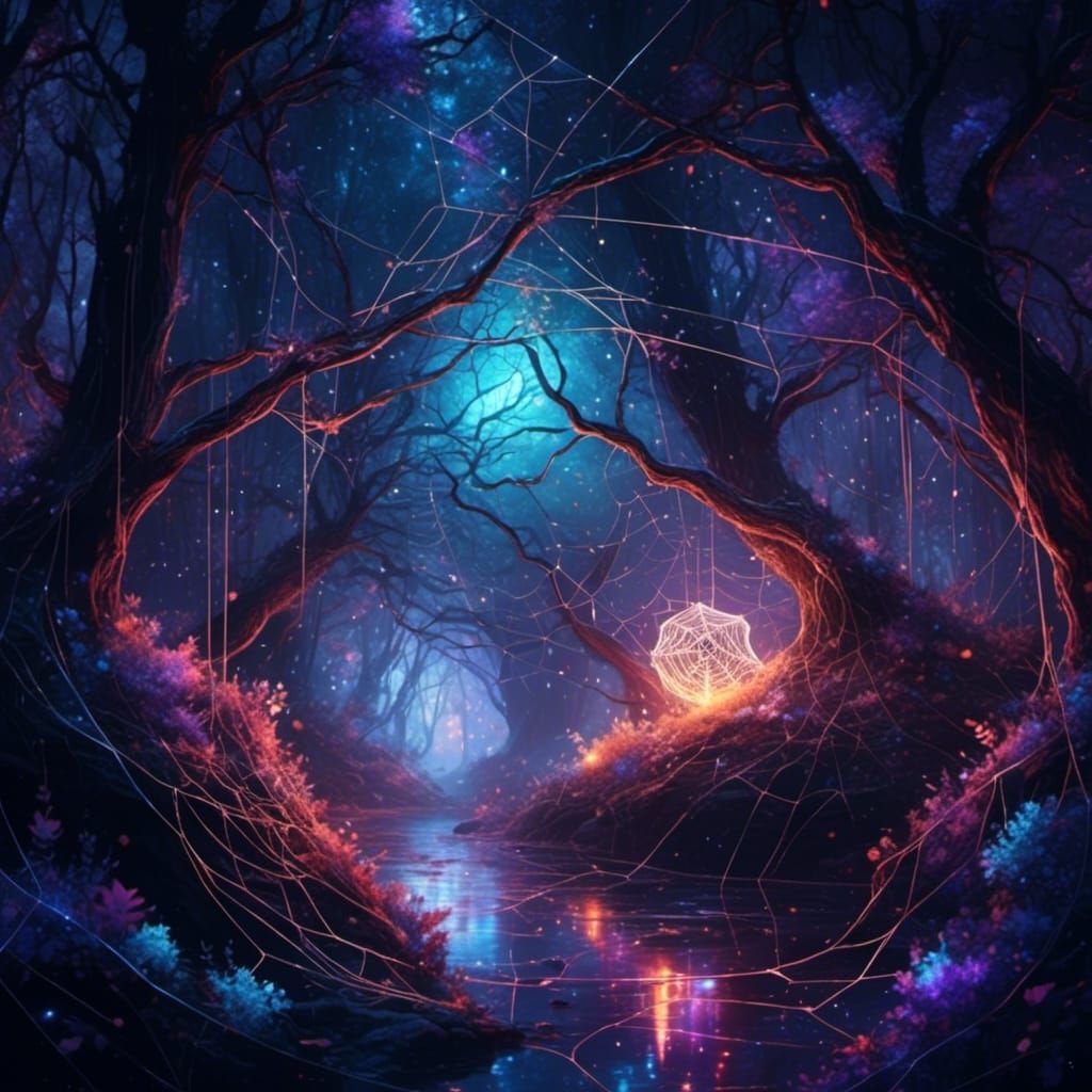 Eerie Forest with Bioluminescent Spiders and Silver Webs