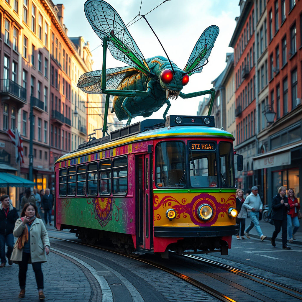 Giant grasshopper attacking tram