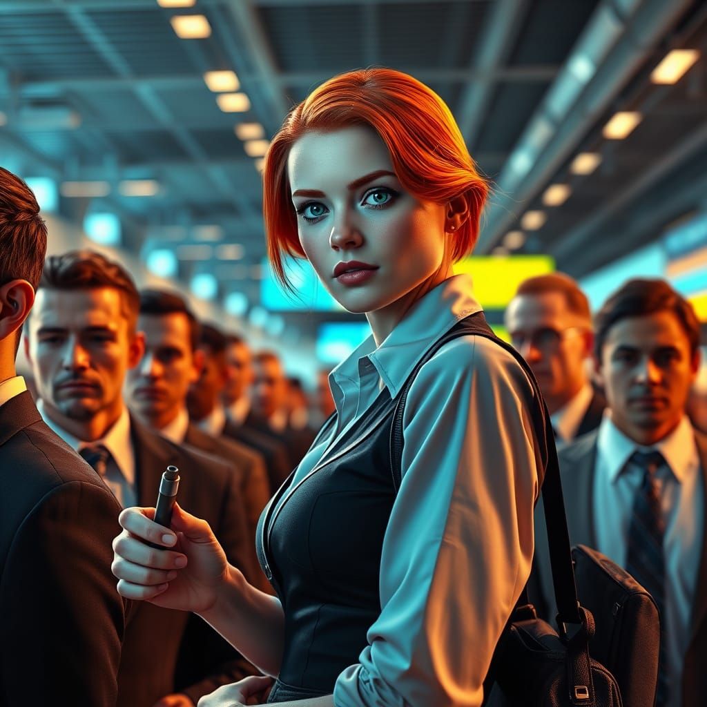 Redheaded Airport Security Officer in Photorealistic Style