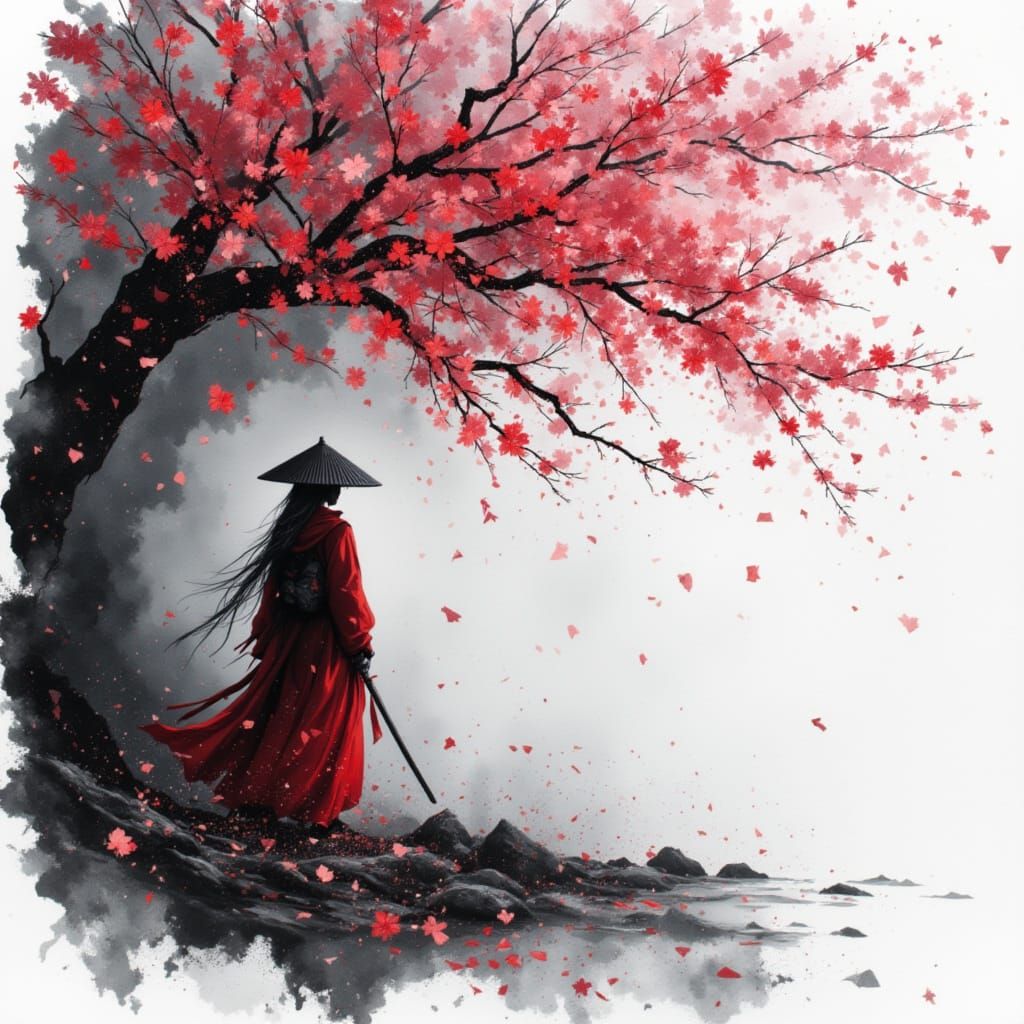 Crimson Samurai Woman in Blossom Storm