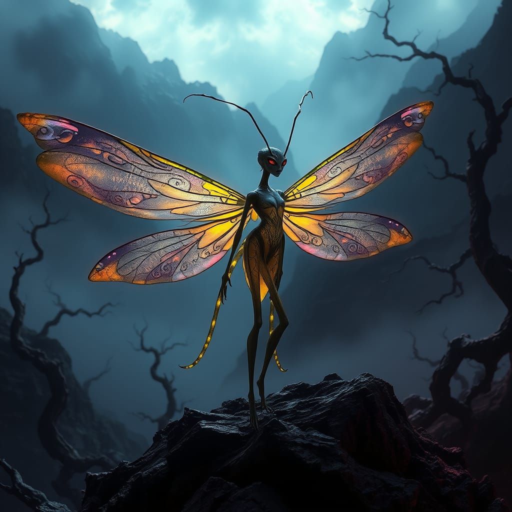 Ethereal Insect-Like Fairy in Dark Fantasy Landscape