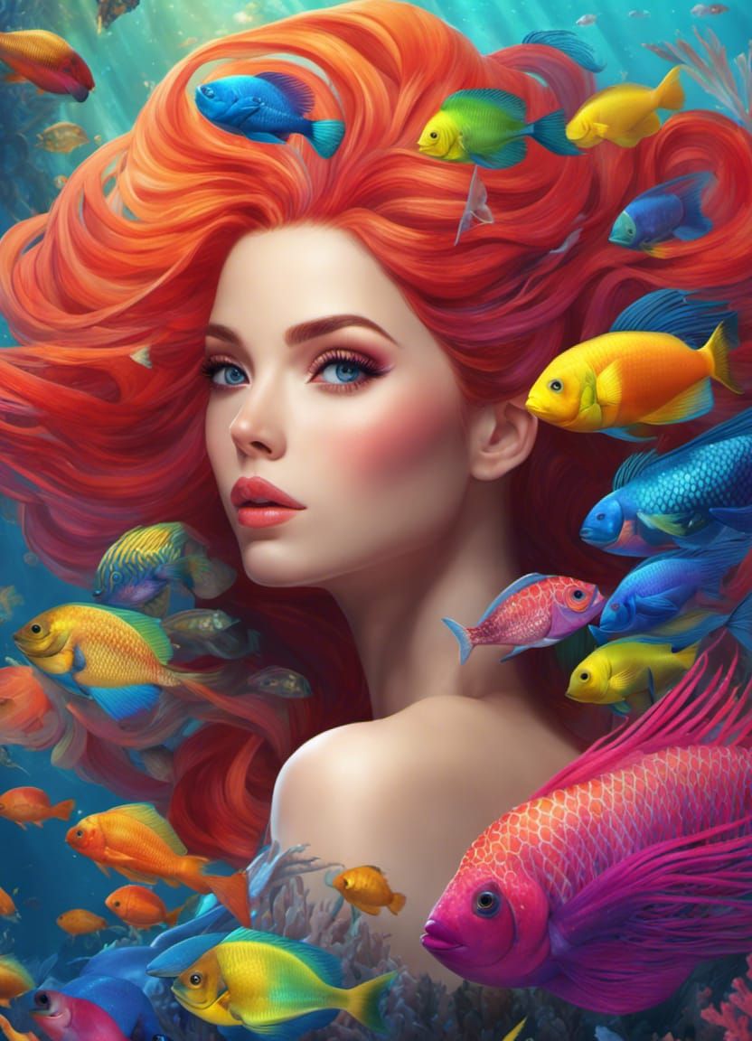 A pretty portrait of a mermaid with an abundance of colourful tropical fish