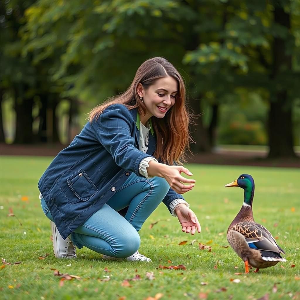 Woman Plays Fetch With Duck: Photorealistic Image