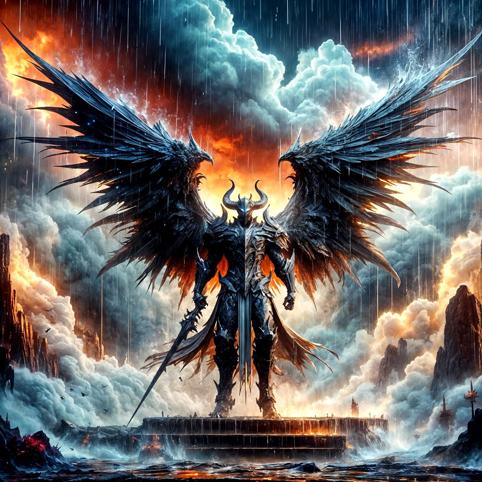 Winged Demon Knight in Rainy Fantasy Landscape