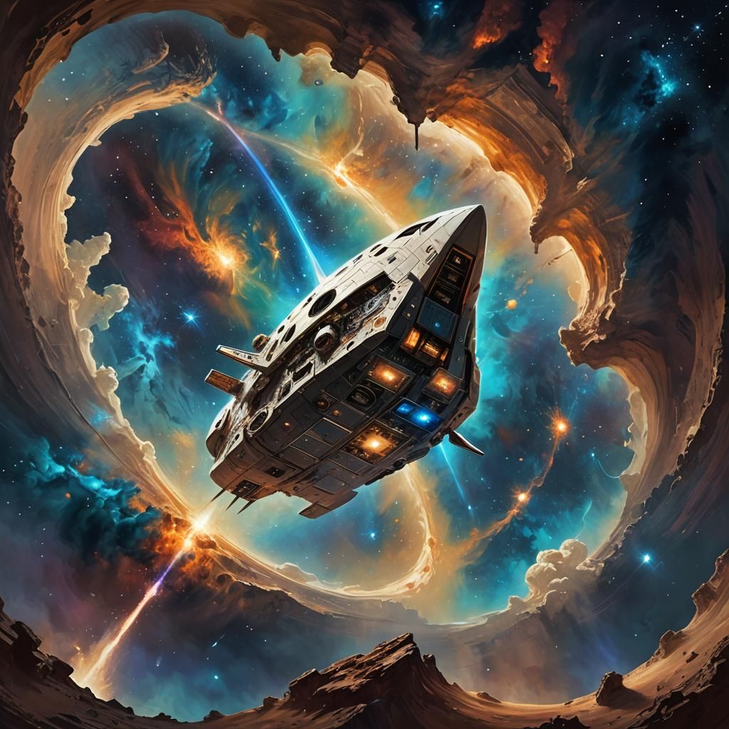 Spacecraft in Ancient Hole, Oil Painting