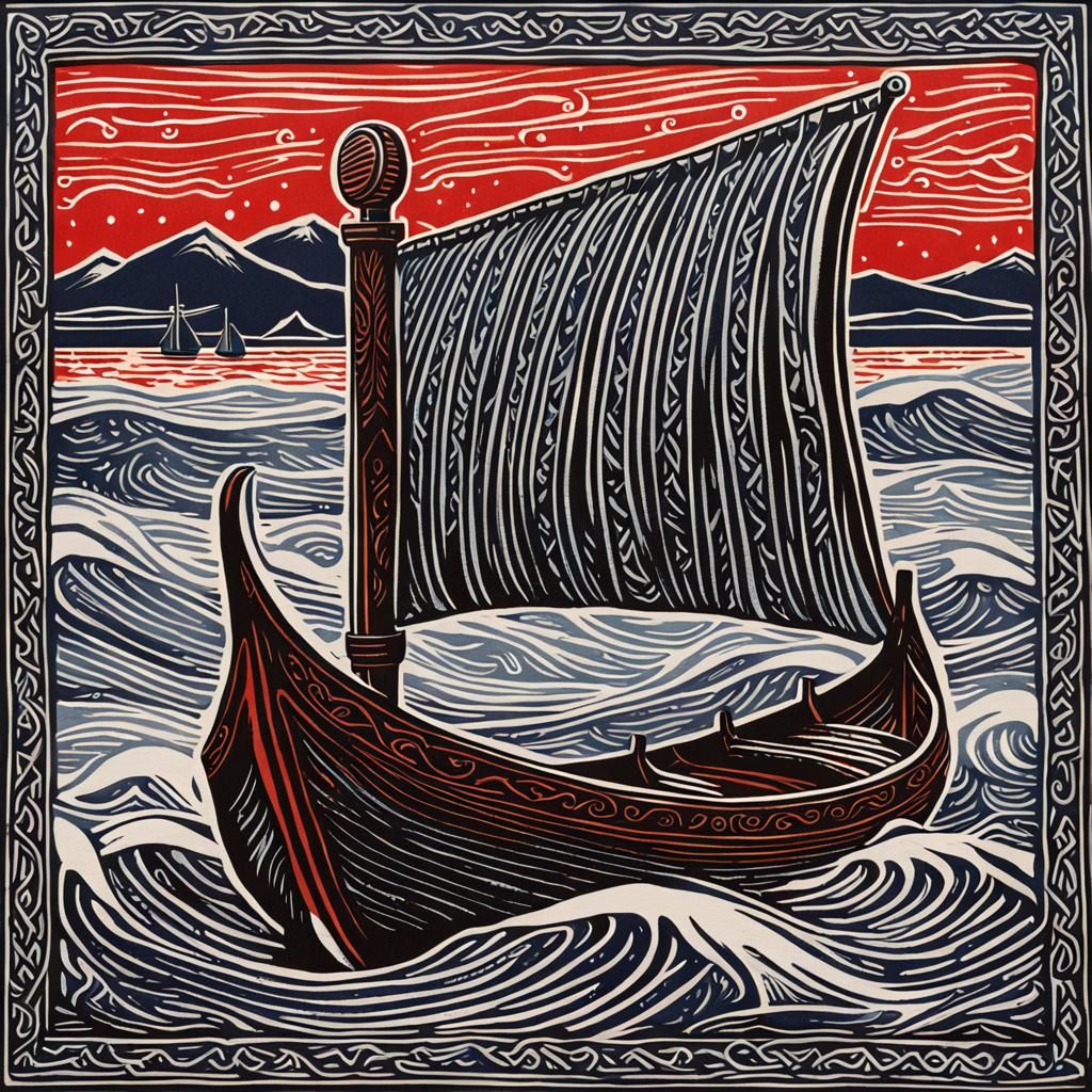 Viking Ship at Sea: Linocut Gouache Painting