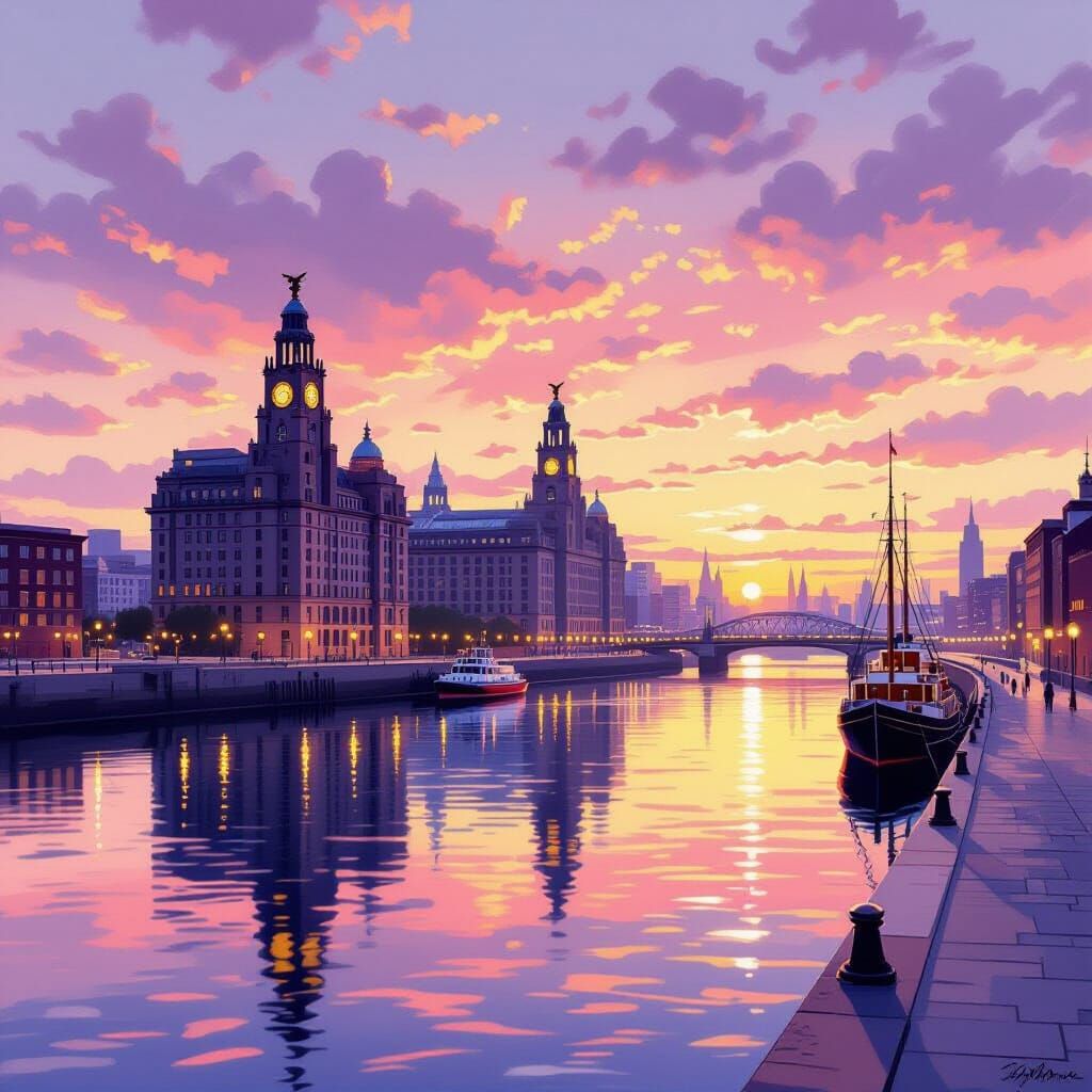 Liverpool at Dawn: Royal Liver Building Over Mersey