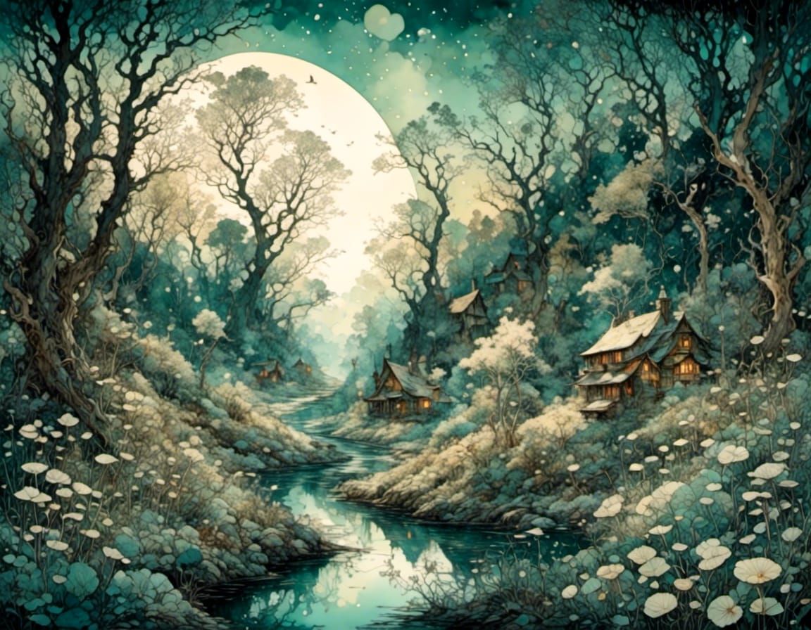 Moonlit Spring Glade in Ink and Pencil Style