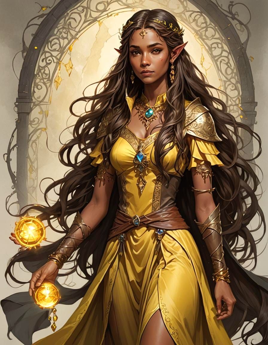 Half Elf Wizardess in Yellow Gown with Wavy Brown Hair