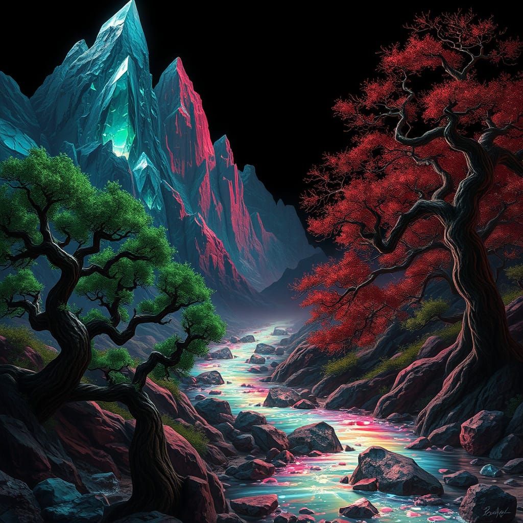 Dark Fantasy Masterpiece: Ruby Mountains and Emerald Forest