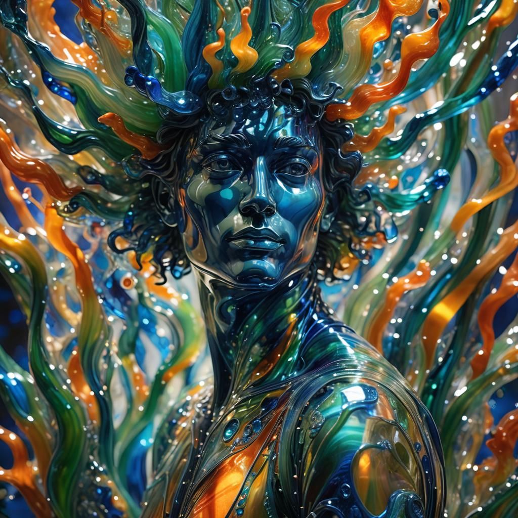 Mystical Glass Human Sculpture in Dreamlike Setting