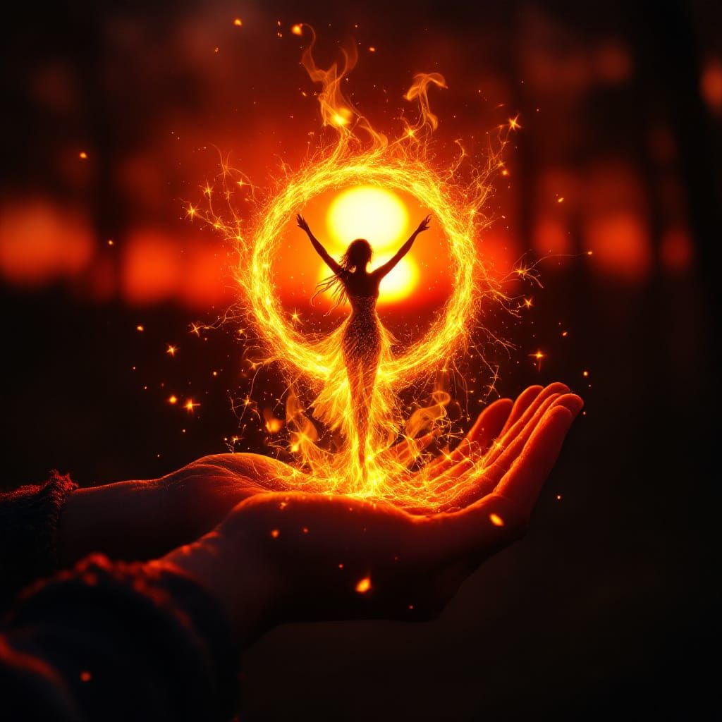 Hyper Realistic Fire Fairy in Hand, Double Exposure