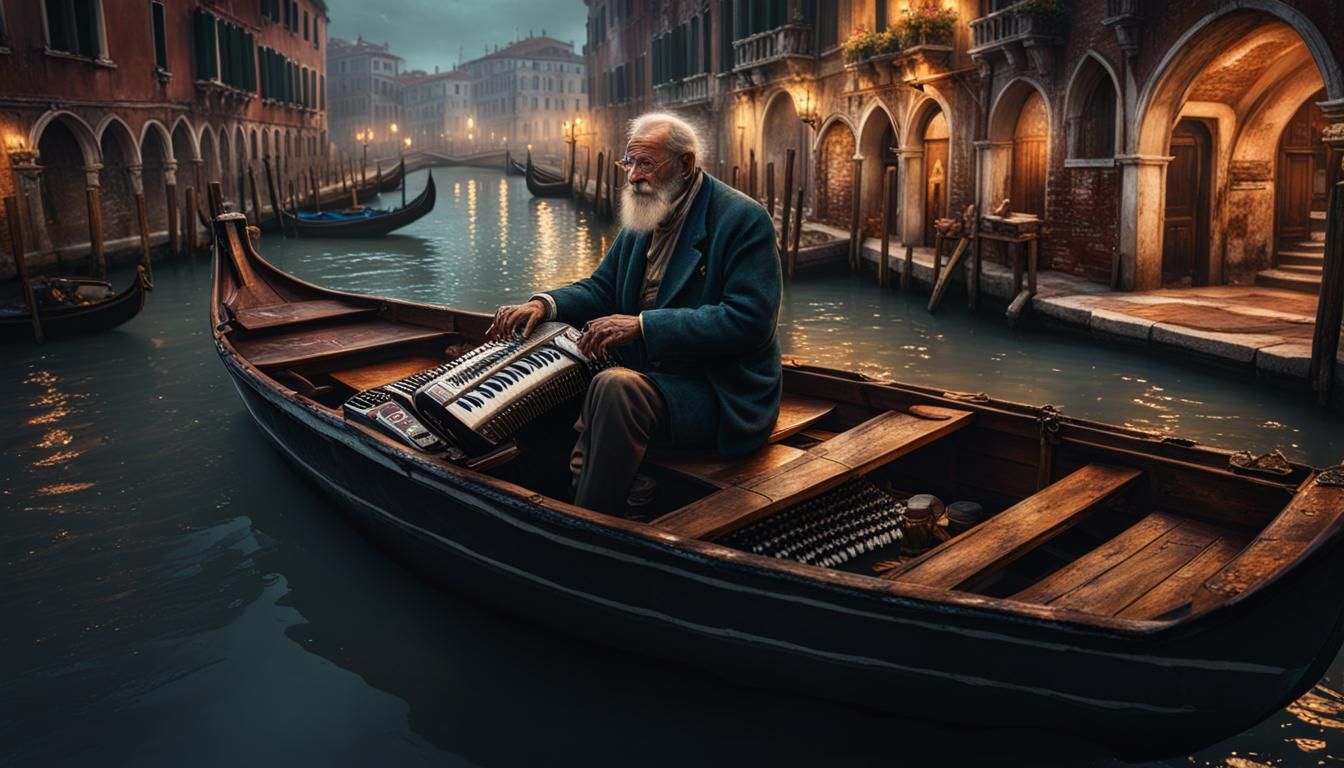 Venice Accordion Player: Rainy Night Fantasy Art