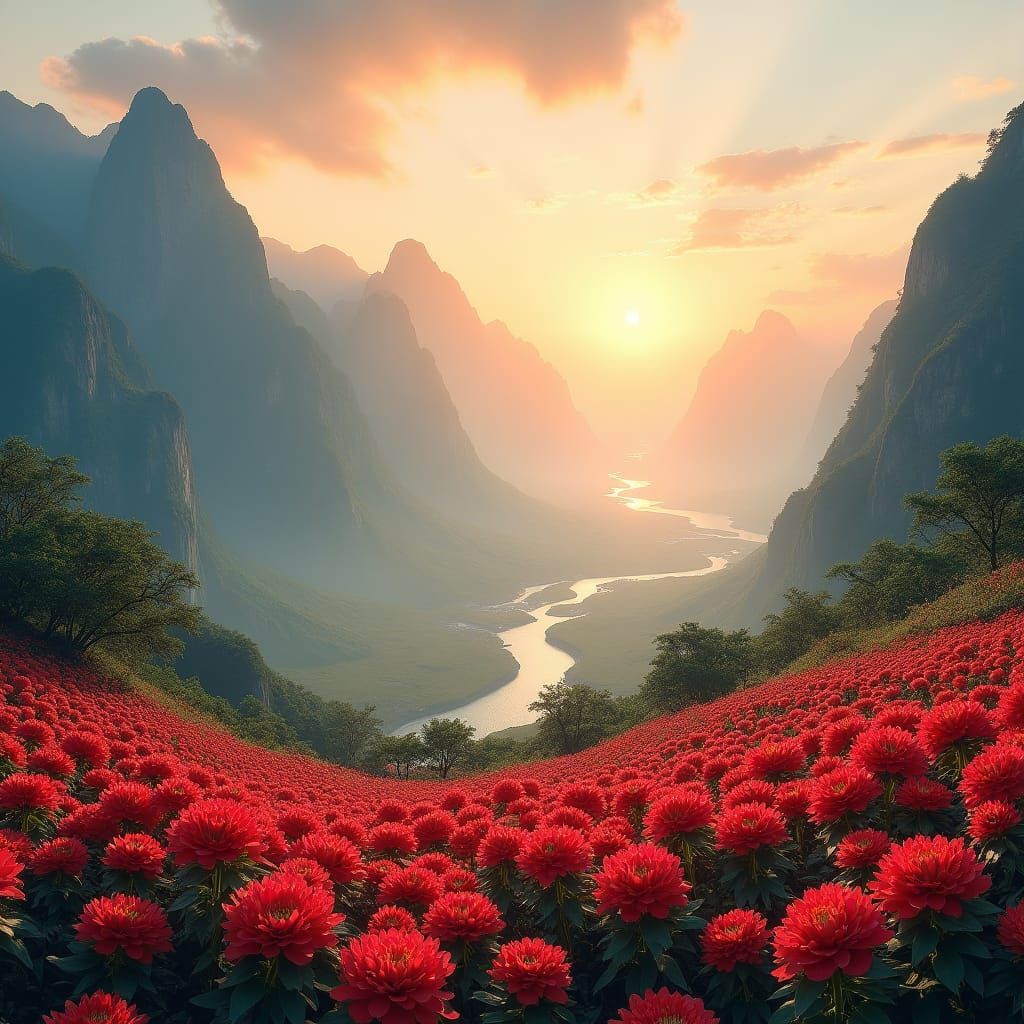 Valley of Red Chrysanthemums at Sunrise