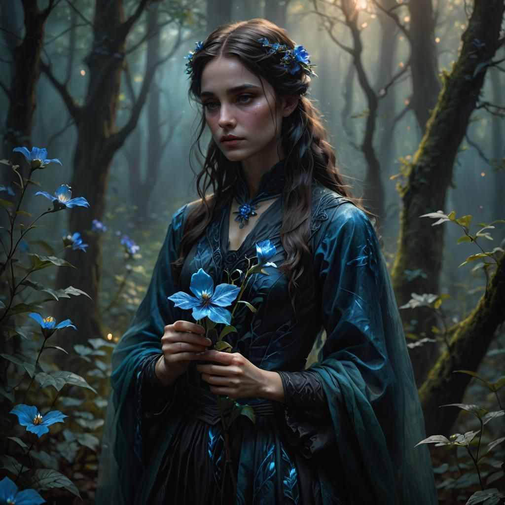 Woman with Glowing Flower in Dark Fantasy Art