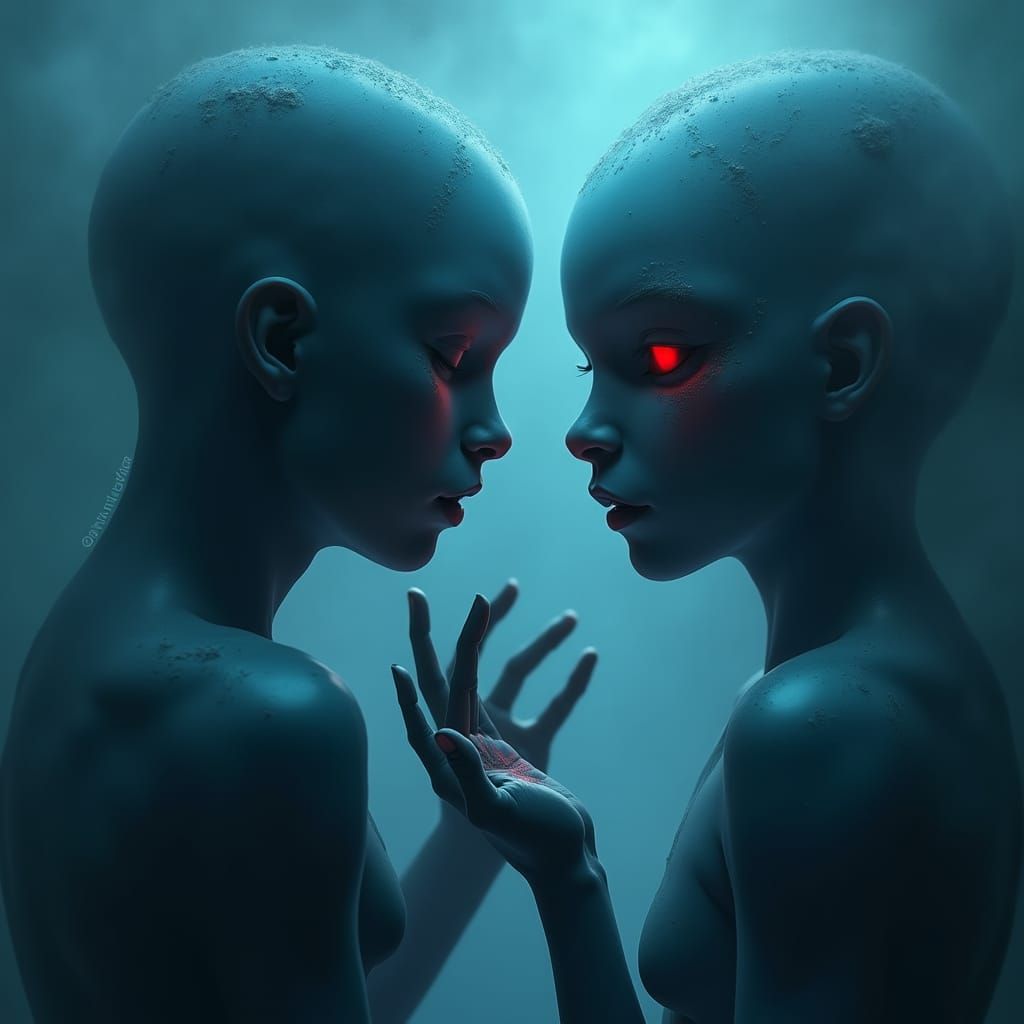 Blue Humanoid Contemplating Reflection: Fantasy Concept Art