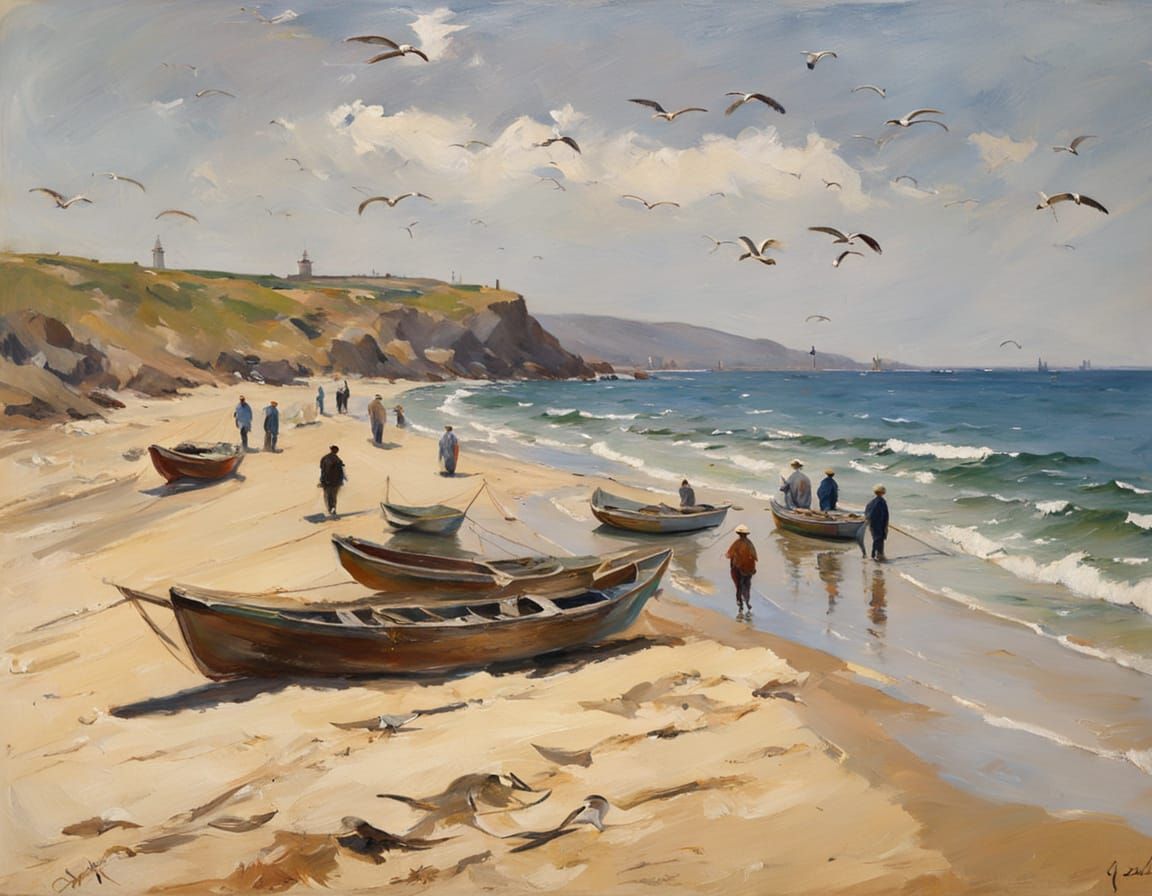 Golden Beach Fishermen in Sunlight, Oil Painting