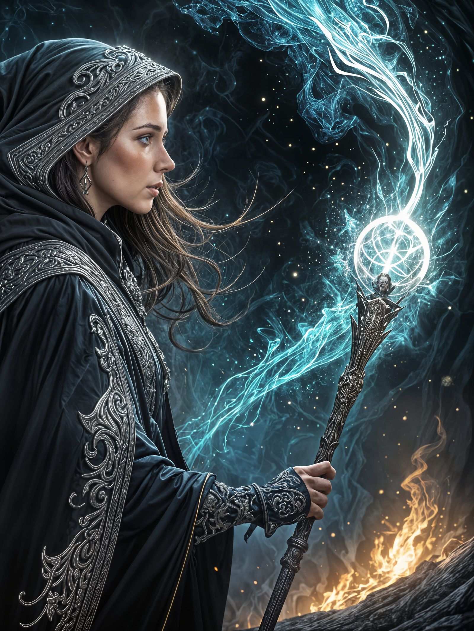 Sorceress Conjuring Fire Elemental in Fantasy Art Style