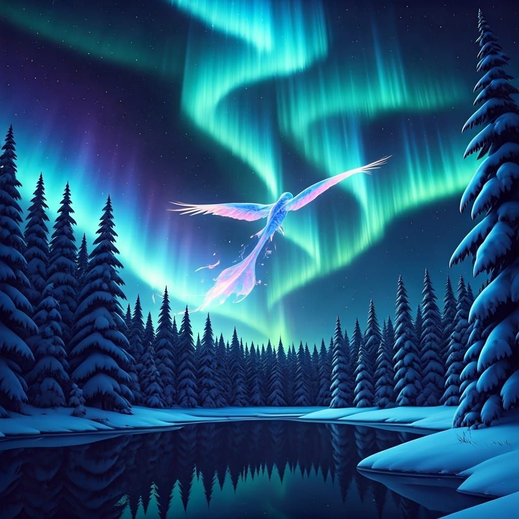 Electric Blue Bird Soars Under Vibrant Aurora